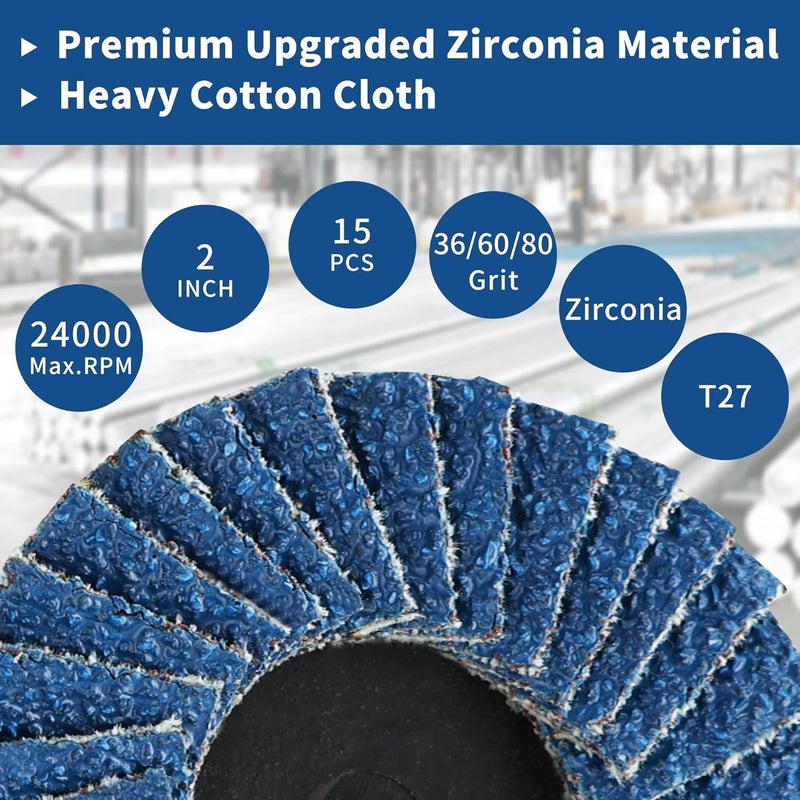 TSOAPX 15 PCS Flap Disc Set, 2" Zirconia Blue Flat Flap Discs Roll Lock Grinding Sanding Sandpaper Wheels Grit 36/60/80, Surface Prep Discs for Angle Grinder Strip Rust Paint Removal - Image 2